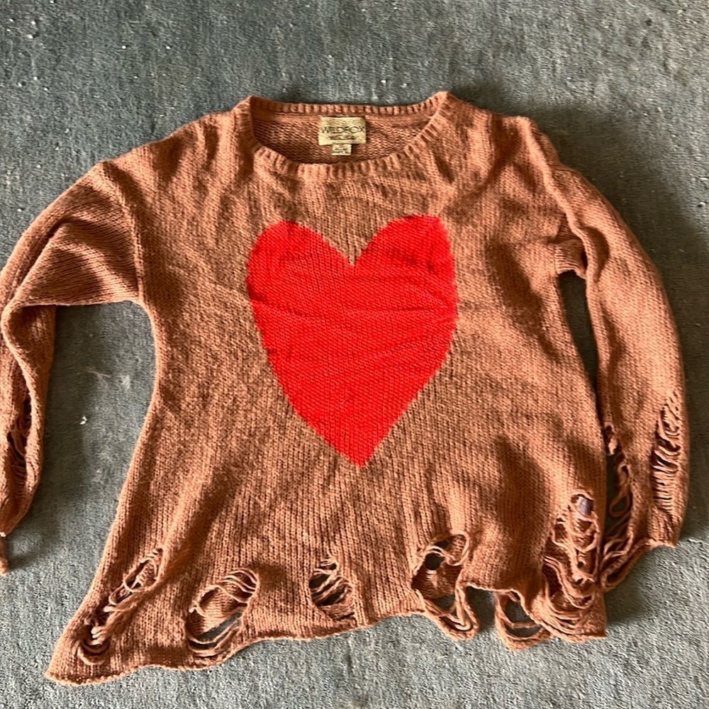 Wildfox Knitted Sweater - Red Heart & Brown Distressed Pullover - Size XS - NEW